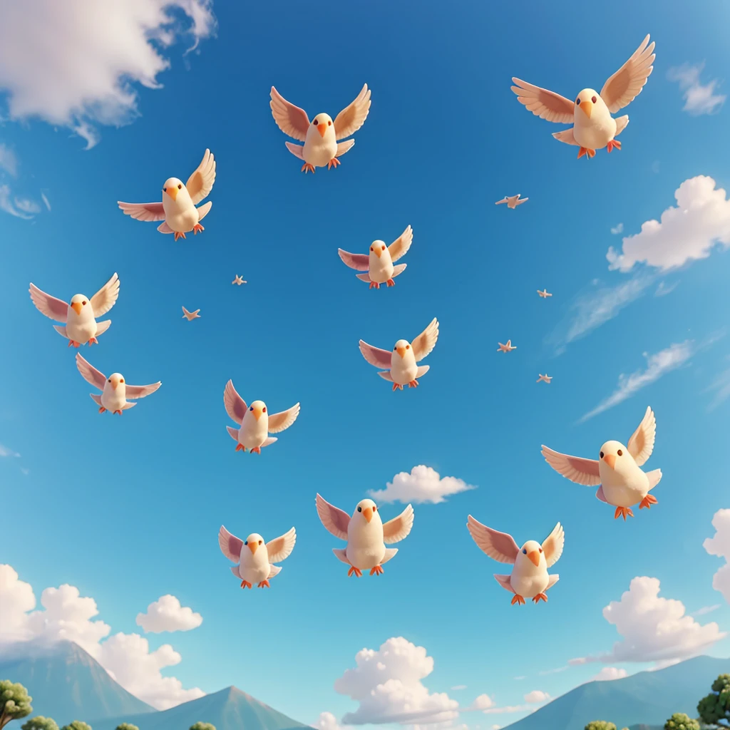 A group of pegeons were flying in the sky .