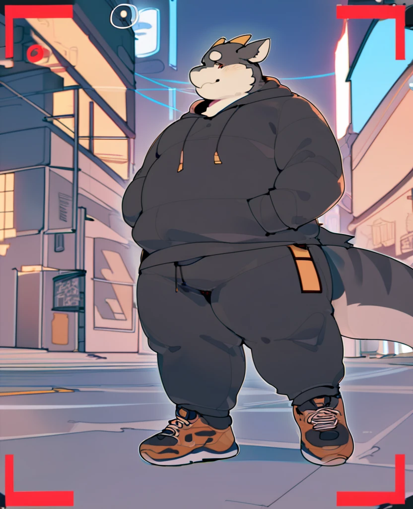 Dragon, male, furry, anthro, fat, cyberpunk fashion style, wearing black Hoodie, Long trousers, sneakers, out camera view, background, In the middle of the city, Modern era, three point perspective, character art style by quanjiang