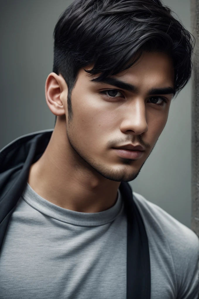 There is a young man, with black hair, staring to the side, with gloomy air, masterpiece, best quality, realistic, 1 man, male focus, handsome, [thick eyebrows], portrait, extremely detailed face, black hair, (short hair)