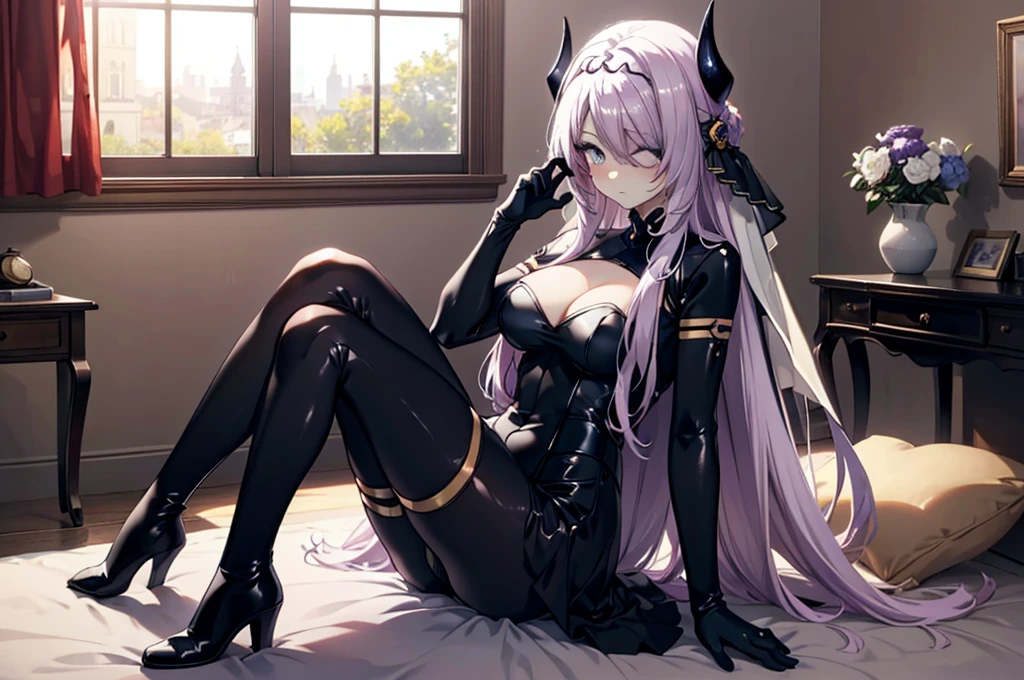 (full body),masterpiece,Highest quality, Cowboy Shot,Kung Fu Pose,Beautiful and exquisite body,Horn, tiara, Veil,(A body-hugging enamel bodysuit,Rubber Suit, Black bodysuit, Scapula, Long sleeve, Cleavage cutout, Black gloves, Black overskirt, Black trousers),Show me your boots,leotard,elegant, 1 Girl, cute, Blushed, Beautiful Eyes, Beautiful background, Particles of light, Light of the sun, Dramatic lighting, outside, Shiny, Realistic, Highest quality, Very detailed, Get used to it, scenery, Beautiful and exquisite, Thin Hair,Full Body Shot,Browsing Caution,Lie down on the bed,Spread your legs,Sitting with legs crossed,(Lean back),(Hide face with armasturbation,Masturbation,room,