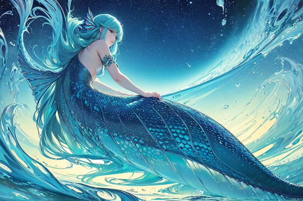 (masterpiece, top quality, best quality, impressionistic style, official art, captivating aesthetic:1.2),(1 girl:1.3), (fractal art:1.3), side profile, gazing towards viewer, swirling patterns,(mermaid tail hair, iridescent hair, half blue and green tail:1.2), ocean, shimmering water, glistening drops, starry night, luminous stars.