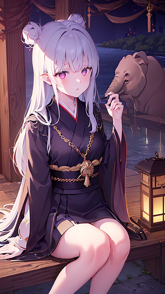 Name: Kurenaï
Element: UMBRANOX
Description: A reclusive and enigmatic庄ґ Чайнырю Japanese shadow puppeteer. Master of mass deception, manipulating illusions and darkness to conceal secrets and beautify the night., wielding a celestial adopted fox named Yoru as her pet and shadow.
Prompt: ((((Skilled, dark arts practitioner, complex identity)))), 1girl, enigmatic, sitting, (long, glossy black hair with white hair bun and white streak on right bang:1), little white fox named "Yoru" beside, detailed forehead furrow, pale complexion, (deep-set, purple pupiled eyes stone-related color), Glowing red margins on vast, detailed eyes, lively description ((Even in shadow, eyes radiate intrigue), centering canvas, night setting ((quiet forest clearing, moonlight)), elbows on knees, intrigued expression, long sleeves, (( heeftser duifOK , traditional Japanese robes, advanced mask with elephant crest)), chain with pendant dangling on purple fabric obi, ((nuanced background impact), hand tilt towards fox, moderate contra delicate lighting, dark color scheme, below 30 years old, serene, ((determined and inexhaustible)), ((soft focus elements:0.8))