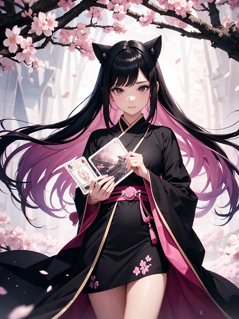 best quality, character design sheet, adult woman、No hat on, Black and pink hair, whole body, Head to Toe, Fortuneteller、Standing facing forward, Beautiful black dress, long Black Hair, Pure white background, from front, best quality, Cherry blossom pattern、Japanese、Adult Japanese、Clear eyes、Standing facing forward、The face is facing forward、holding a magic card in hand、White background、Black western dress、Neutral face、Black hair with pink inner color
