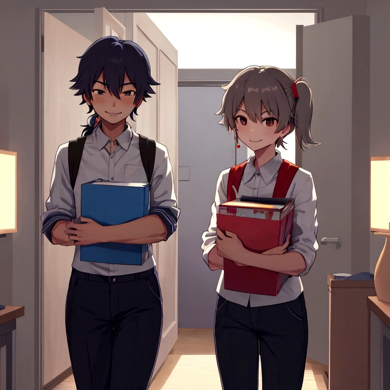 Kenji is in a college dorm, unpacking your things. A roommate, Takashi, enter and smile friendly.