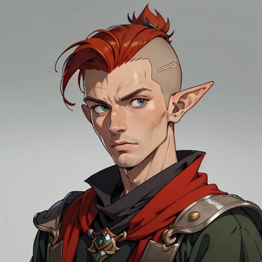 (masterpiece), (best quality),(portrait),(bust up),1boy,solo,(sharp focus),((look at viewer)),elf, elf wizard,(redhead),mohawk,adult, (ancient:1),),ancient luxurious long clothes,old school fantasy art,((simple background)),super shiny face,Ultra Glossy Skin,elf, elf priest,(redhead),adult, (ancient:1)