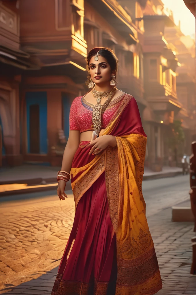 a woman in traditional indian attire, seductive pose, standing on the street, holding dupatta deeply in hand, collared blouse, cleavage showing, intricate jewelry, ornate accessories, warm lighting, cinematic atmosphere, hyper detailed, 8k, photorealistic, masterpiece