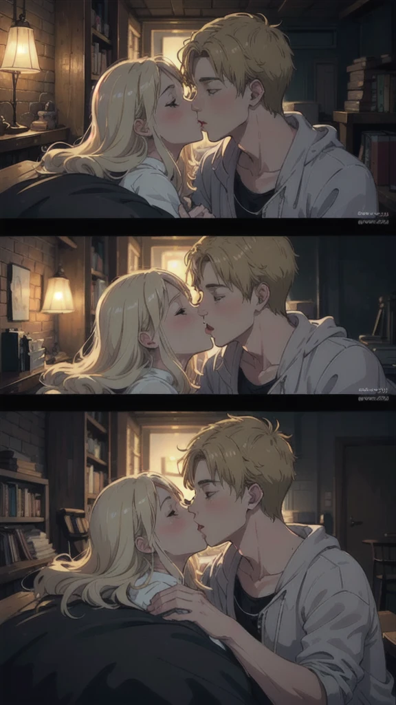 ((best quality)), ((masterpiece)), (detailed), one girl with long blond hair kiss one muscle blond guy, view from side on scene, passionate kiss, cozy atmosphere, cozy lighting