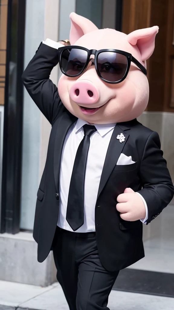 a cartoon pig wearing a suit and sunglasses, pig pig pig, pig in a tuxedo, piggy, It looks very cool and stylish, gang, hybrid of pig and nyc policeman, pig, a pig, man bear pig, porky pig, Corporate Boss, pigs, masterpiece, He is wearing a suit, Big Boss, He is wearing a suit and black glasses、biceps、Simple illustration