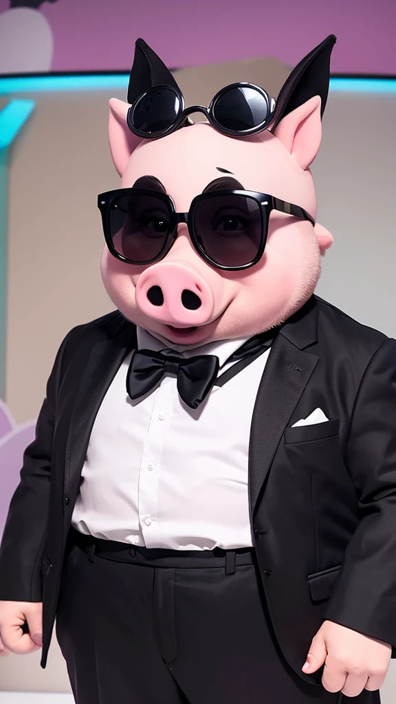 a cartoon pig wearing a suit and sunglasses, pig pig pig, pig in a tuxedo, piggy, It looks very cool and stylish, gang, hybrid of pig and nyc policeman, pig, a pig, man bear pig, porky pig, Corporate Boss, pigs, masterpiece, He is wearing a suit, Big Boss, He is wearing a suit and black glasses、biceps、Simple illustration
