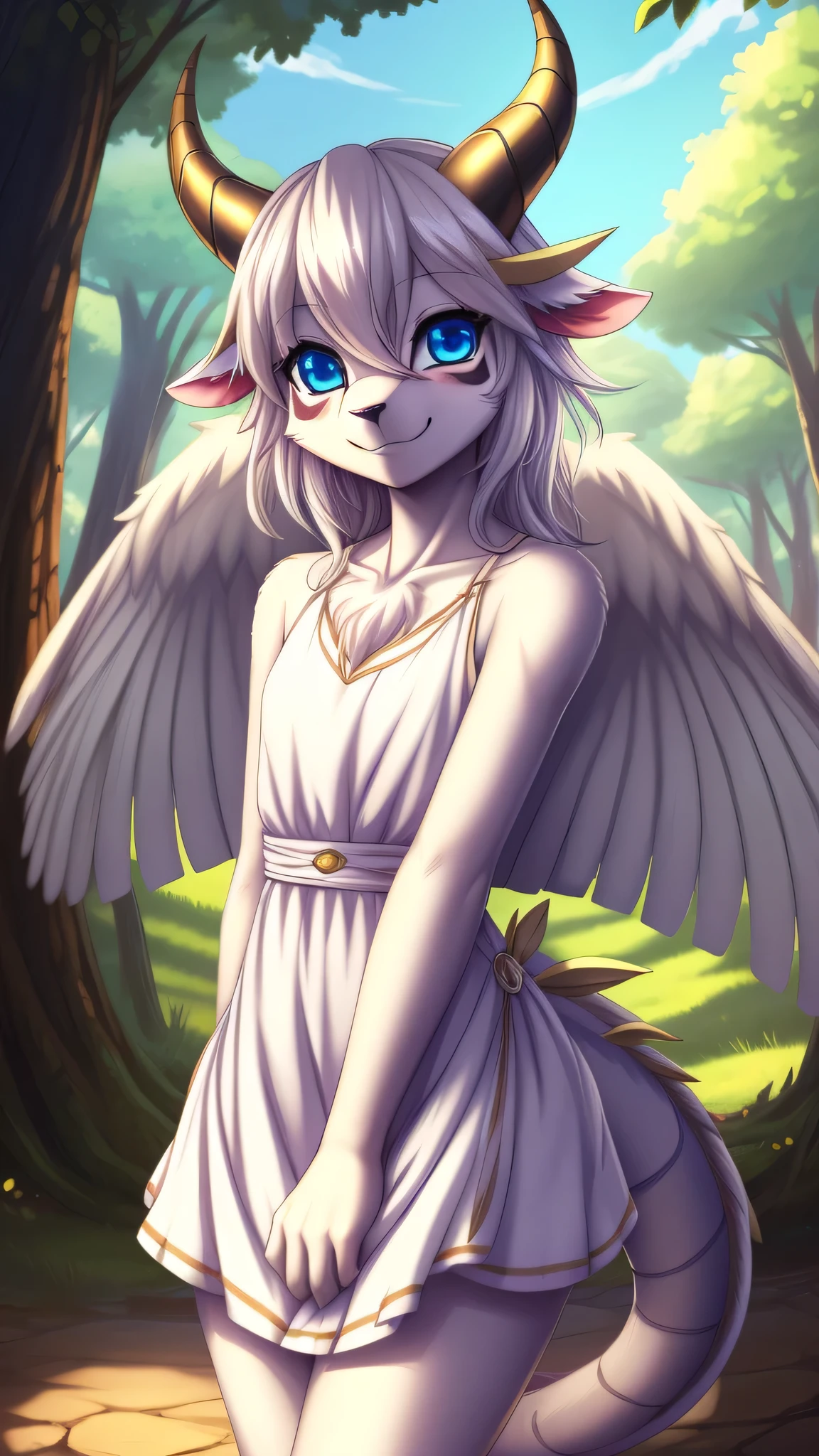 By zinfyuu on pixiv,by twistedscarlet60, uploaded on pixiv, by fluff-kevlar, (masterpiece), (best quality), (anthro furry:1.3, snout:1.2, anthro:1.3, furry:1.2, solo female:1.2), (extremely detailed:1.3), (blue_detailed_eye),Buster whelp, wearing white dress,  sfw, forest,mature woman,  view on viewer, feminine_small_chested, small thighs, slim body, dragon,thigh clotches, golden horn, white hair, blue eyes, wing, white body skin, white face,shy smile, blushing