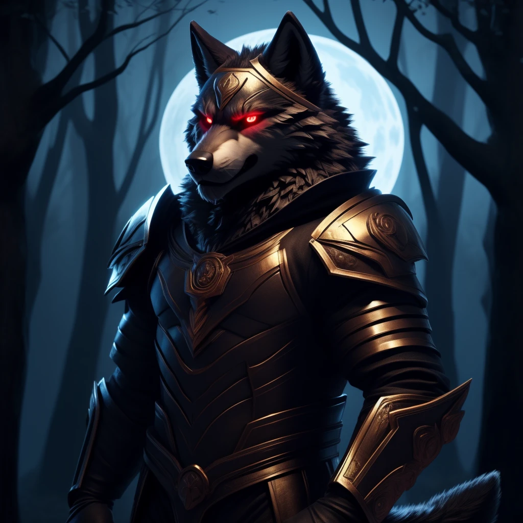 Posing, Male, 30 years old, biting lip smile, suit of gothic armour, bedroom eyes, anthro, wolf ears, (blakck fur:1.5), wolf, forest background at night, 8k, hi res, (best quality, masterpiece), red glowing eyes, (wolf tail:1.5), detailed fur