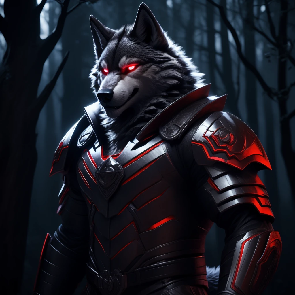 Posing, Male, 30 years old, biting lip smile, suit of gothic armour, bedroom eyes, anthro, wolf ears, (blakck fur:1.5), wolf, forest background at night, 8k, hi res, (best quality, masterpiece), red glowing eyes, (wolf tail:1.5), detailed fur