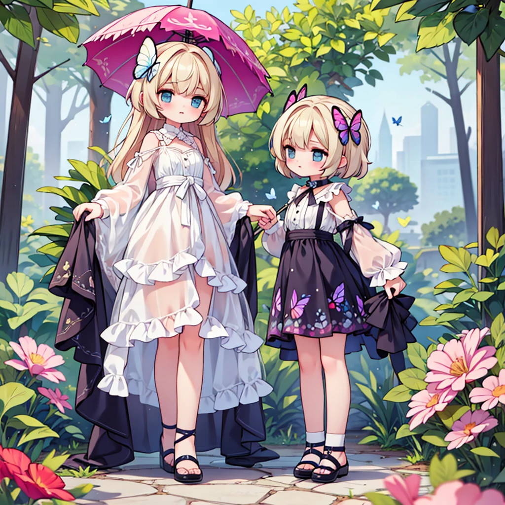 fashion designer girl clothes, stands with an umbrella with butterflies, in delicate tones, a lot of details