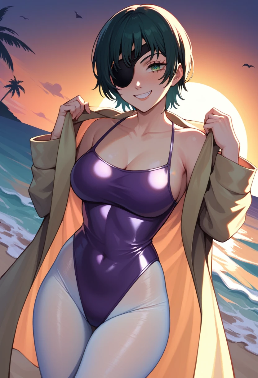 mature female, mature, Adult, himeno, himeno(Chainsaw Man), 1girl, black hair, short hair, eyepatch, Himeno(Chainsaw Man), solo, seductive smile, evil grin, aroused, in heat, nsfw, Villains, Open coat, latex purple leotard under the trench coat, Light green pantyhose, chest, View your audience, Beach, Night, Dark, dramatic angle, unique perspective, unique angle, masterpiece, Top animation quality，Top image quality,