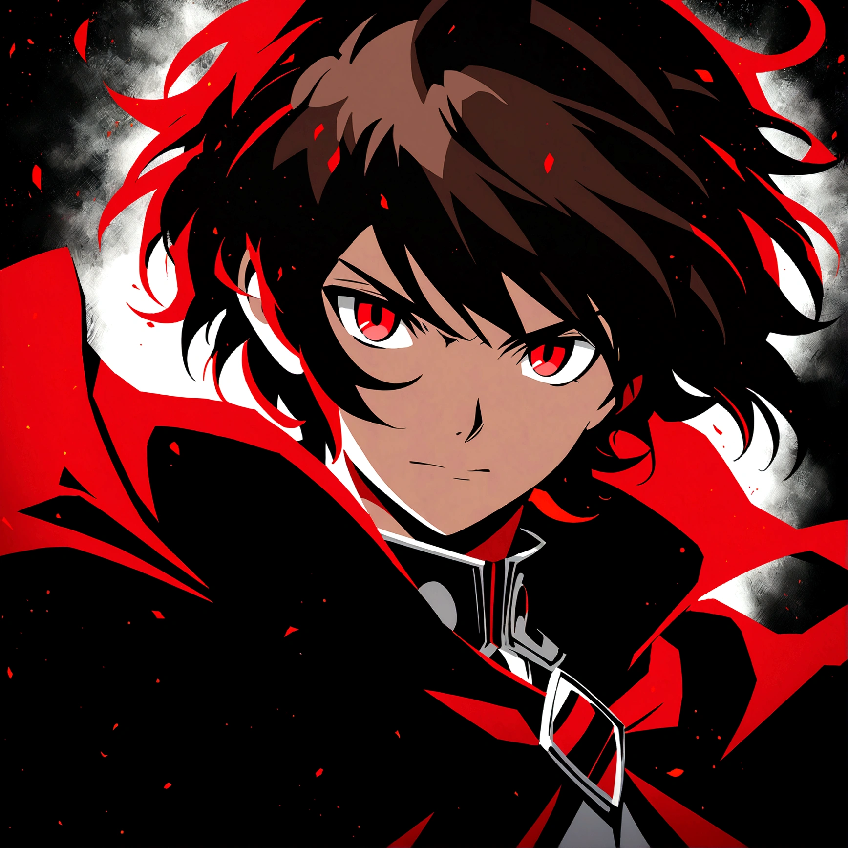 anime style diffusion, upper body, (face to the side 0.3), boy with messy brown hair bright red eyes, (open eyes 0.5), (serious face 0.1), black majestc cloak with red details, upper light, high contrast , 2D style, photoshop, cinematic
