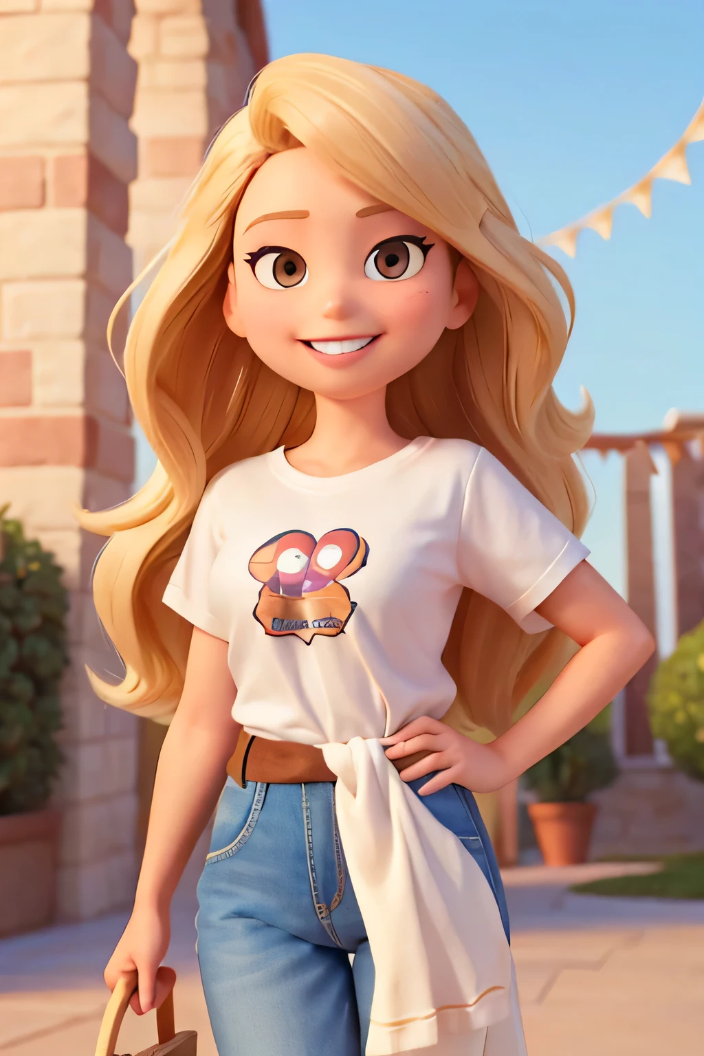 Create a blonde woman WITH BROWN EYES, 35 years old, pixar style disney cartoon, smiling, long hair, with a hopeful and loving look. Clothing should be a white shirt. remove design from t-shirt