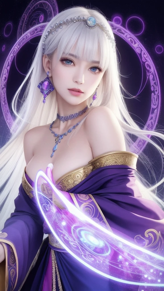 (masterpiece, top quality, 1 female, solo, exquisite details, chromatic aberration), (realistic), (skin), ((breathing)), (silver hair, blunt bangs, cropped straight long hair, short bangs, silver hair), beautiful hair, red headdress, highlights, hair on one eye, beautiful eyes, purple eyes, thick lips, earrings, piercing eyes, ((gold and white kimono)), ((symmetrical eyes)), ((perfectly symmetrical body)), ((perfectly symmetrical hands)), (purerosface_v1:0.3), full moon night, ((self, natural light))), bright lighting, flowers blooming in the background, in front of the viewer, ((central shot, from the front, (face and shoulders))), mysterious atmosphere, colorful flowers blooming around, light colored background, fortune teller in kimono, beautiful fortune teller, fortune teller, Fantasy female fortune teller, female fortune teller, fantasy photography, Japanese style, fortune teller in kimono, elegant cinematic fantasy art, fantasy woman, magician portrait, fortune teller, powerful wizard surrounded by mystical colorful flowers, holding a glowing heart crystal ball, eyes glowing with mystical energy, spells leaking from her mouth, vivid swirls of sorcery pulsating with iridescent hues appear in the air, magic permeates, flowers bloom, sacred creatures gaze in awe, threads of magical energy dance, reveal hidden realms, unravel secrets, capture the essence of this enchanting moment and bring to life the mysterious power of sorcery on a canvas of the highest quality and finest detail. Top Quality, Masterpiece, Ultra High Resolution, (Photorealistic: 1.4), RAW Photo, Sharp Focus, High Resolution, Detailed Skin.