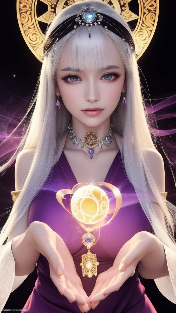 (masterpiece, top quality, 1 female, solo, exquisite details, chromatic aberration), (realistic), (skin), ((breathing)), (silver hair, blunt bangs, cropped straight long hair, short bangs, silver hair), beautiful hair, red headdress, highlights, hair on one eye, beautiful eyes, purple eyes, thick lips, earrings, piercing eyes, ((gold and white kimono)), ((symmetrical eyes)), ((perfectly symmetrical body)), ((perfectly symmetrical hands)), (purerosface_v1:0.3), full moon night, ((self, natural light))), bright lighting, flowers blooming in the background, in front of the viewer, ((central shot, from the front, (face and shoulders))), mysterious atmosphere, colorful flowers blooming around, light colored background, fortune teller in kimono, beautiful fortune teller, fortune teller, Fantasy female fortune teller, female fortune teller, fantasy photography, Japanese style, fortune teller in kimono, elegant cinematic fantasy art, fantasy woman, magician portrait, fortune teller, powerful wizard surrounded by mystical colorful flowers, holding a glowing heart crystal ball, eyes glowing with mystical energy, spells leaking from her mouth, vivid swirls of sorcery pulsating with iridescent hues appear in the air, magic permeates, flowers bloom, sacred creatures gaze in awe, threads of magical energy dance, reveal hidden realms, unravel secrets, capture the essence of this enchanting moment and bring to life the mysterious power of sorcery on a canvas of the highest quality and finest detail. Top Quality, Masterpiece, Ultra High Resolution, (Photorealistic: 1.4), RAW Photo, Sharp Focus, High Resolution, Detailed Skin.