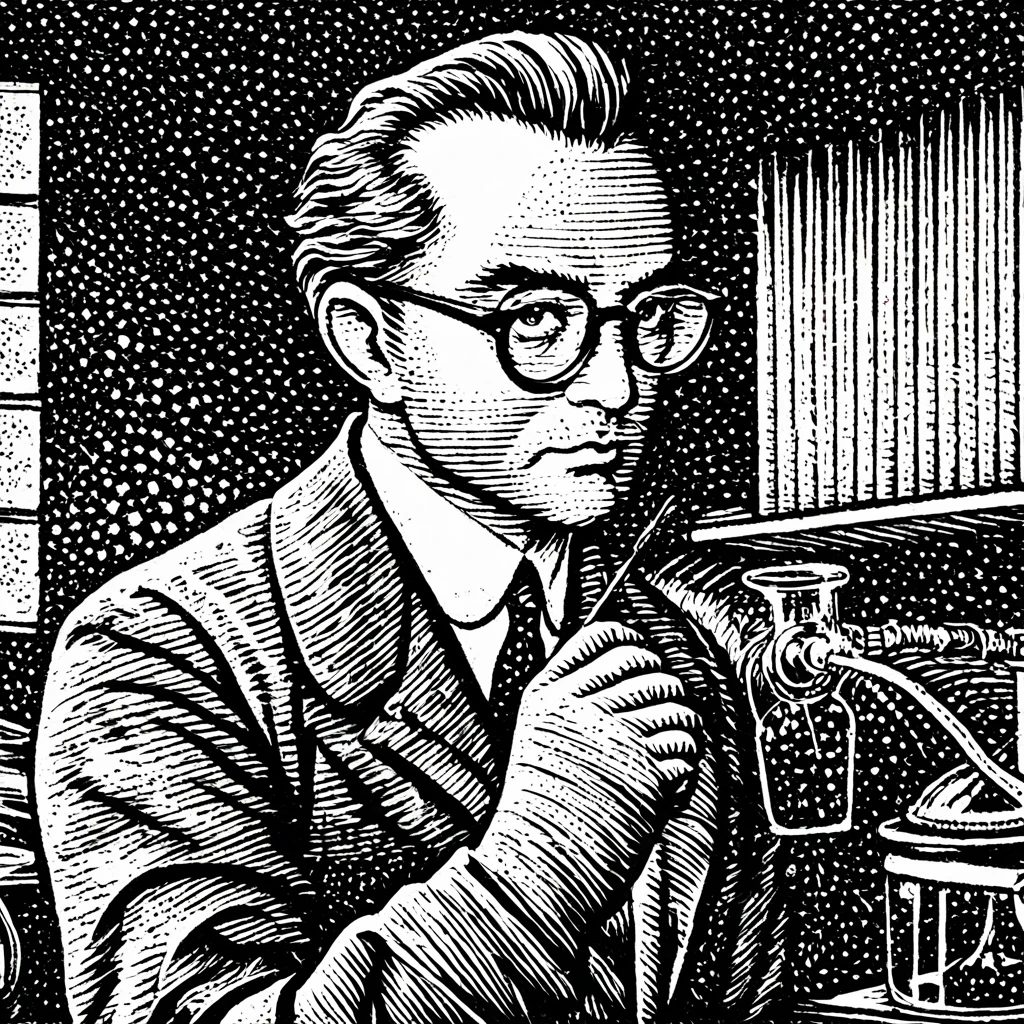 (Black and white woodcut:1.5)、(Second floor in black and white.)、foreground, dark and sinister atmosphere、profile face of a scientist with dark glasses, pompadur pompadour hair, wide lapels covering half the face, wearing gloves and holding your fist close to your face, seriousness, Dark shadows, in a science laboratory,  laboratory with many computers and consoles, Mysterious、