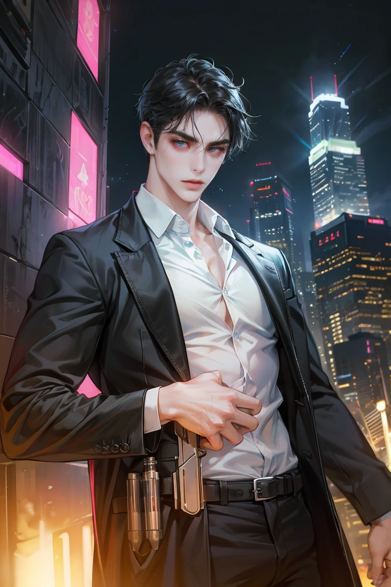 (absurdres, highres, ultra detailed, original character, HDR), 1 boy, solo, adult, handsome, ((tall muscular guy, broad shoulders)), finely detailed eyes, (black hair), hair between eyes, turquoise eyes, holographic, futuristic, casual outfit, black coat, gun holster, (body tight white shirt), big pecs, ((wearing a black earring)), cowboy shot, dutch angle, face focused, tower walled city scenery, dystopian hong kong city, skyscrapers, Cyan, Magenta, long face, closed mouth, looking at viewer, depth of field, bokeh