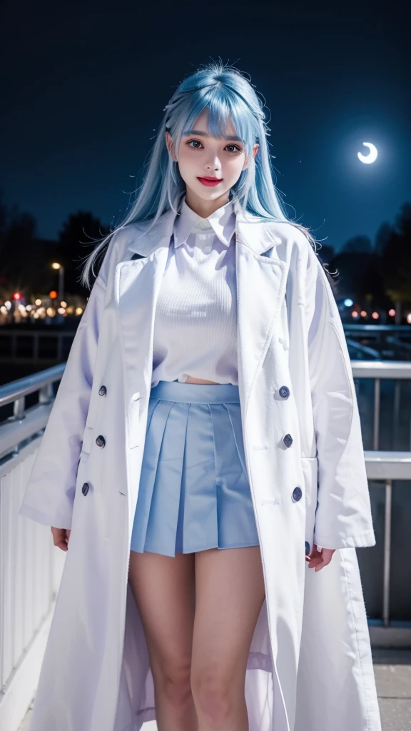 girl cute ((lightblue hair)) long hair (split bangs) violet eyes ((white shirt)) ((black long coat)) ((purple skirt)) outdoor park winter night cityscape illumination stars moon smile