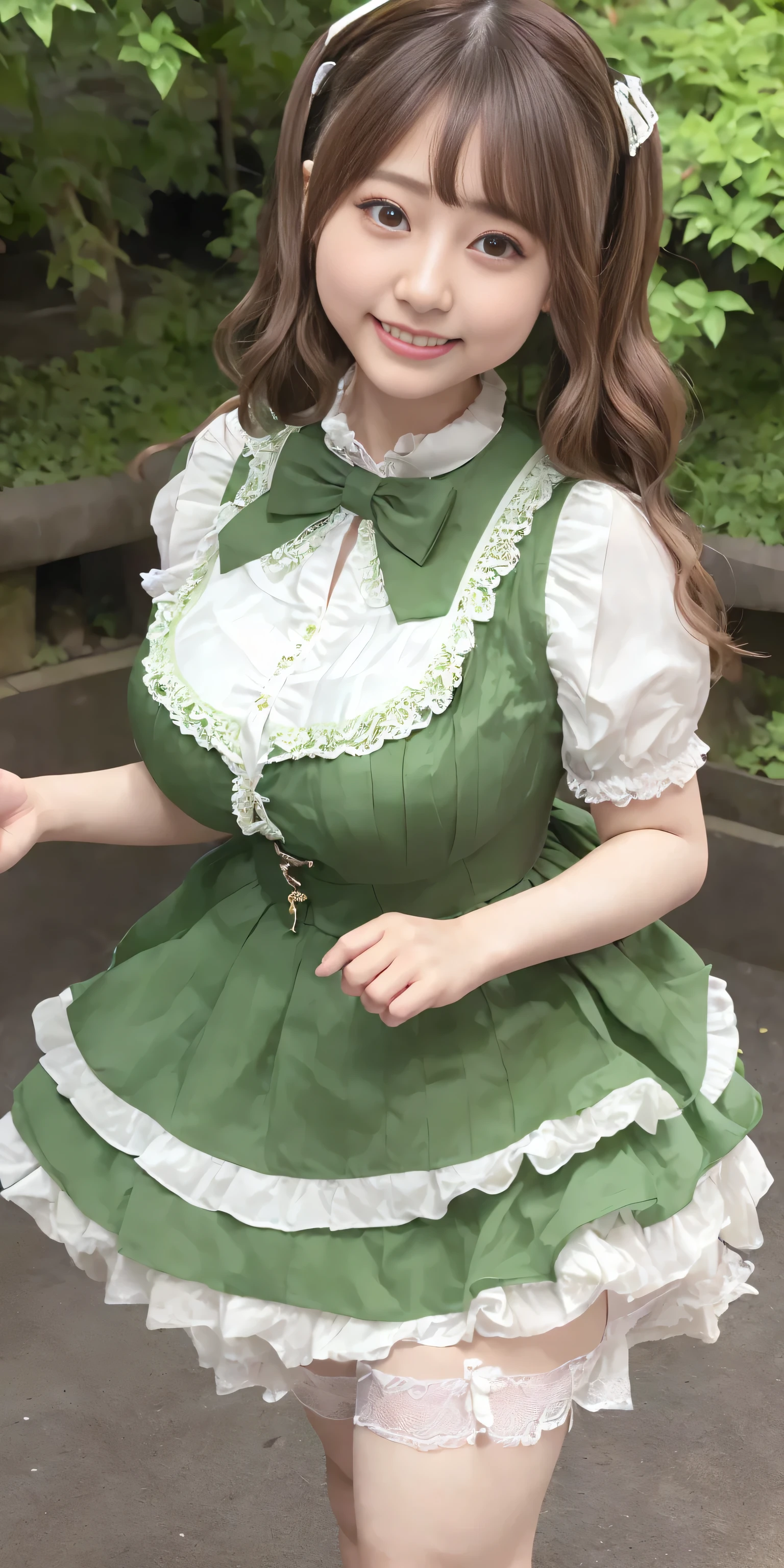 (Realistic:1.3), finely, quality, Rembrandt Lighting, (Tabletop:1.2), (Realistic:1.2), (highest quality), (Fine skin:1.3), (complex詳細), dramatic, Ray Tracing, 1 Girl, Japanese Girls, 32 years old、Big eyes、((Deep double eyelids:1.25)), Cute duck lips, smile, Twin tail hair, Twin Loop Hair, Parted bangs, 42 years old, Very large and ample breasts, jirai fashion, Gothic Lolita fashion with a green theme、Short dress, Frills, Race, ribbon, complex, (Tokyo Street, harajuku, May, sunny day), Browsing Caution, (height: 148cm), ((((Very accurate and correct anatomy)))), Raw quality