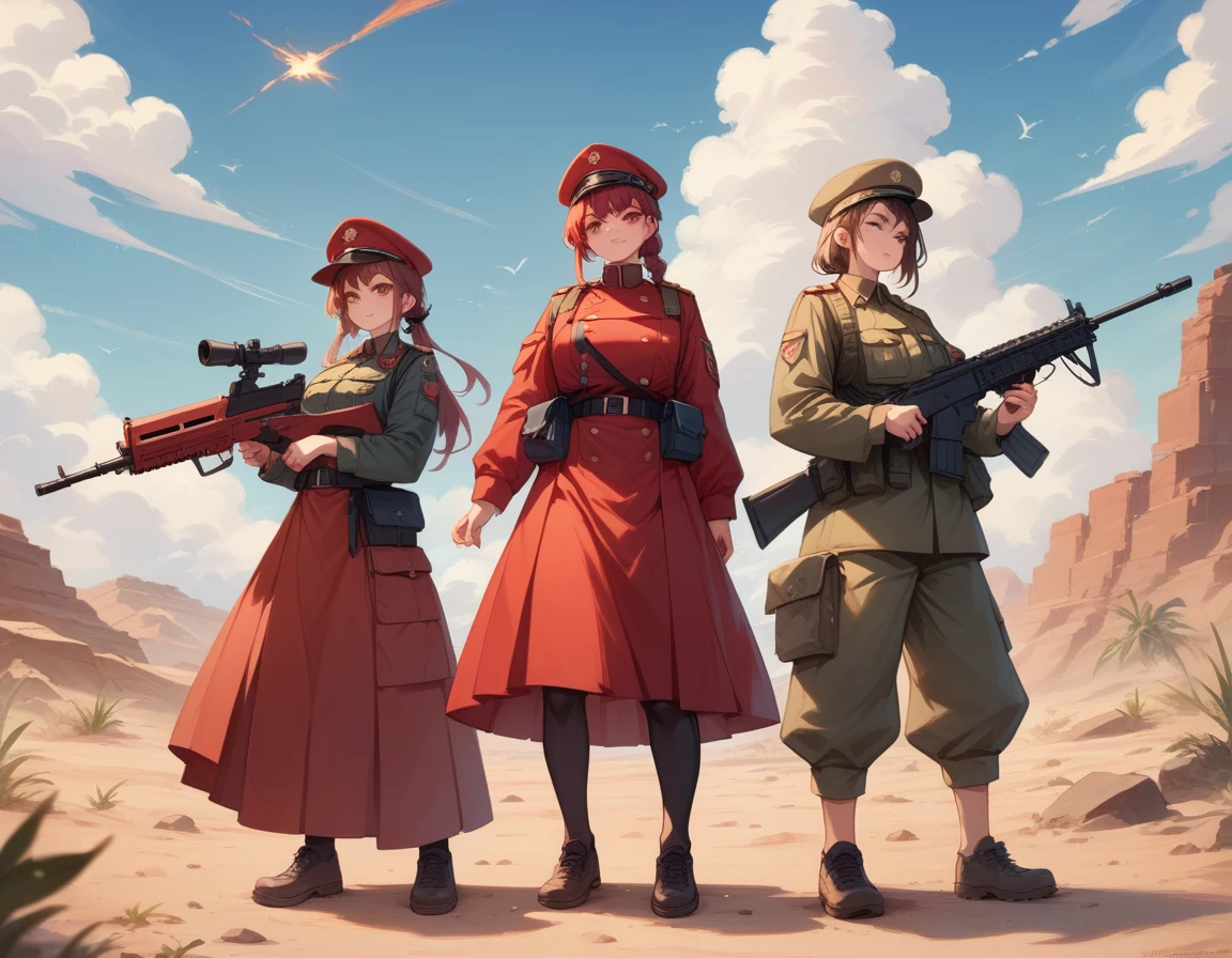 A platoon of girls in bright red military uniforms and long red skirts、A pair of a girl platoon leader and a soldier wearing a red military uniform and a red long skirt and equipped with two assault rifles、desert、A huge explosion on the ground behind