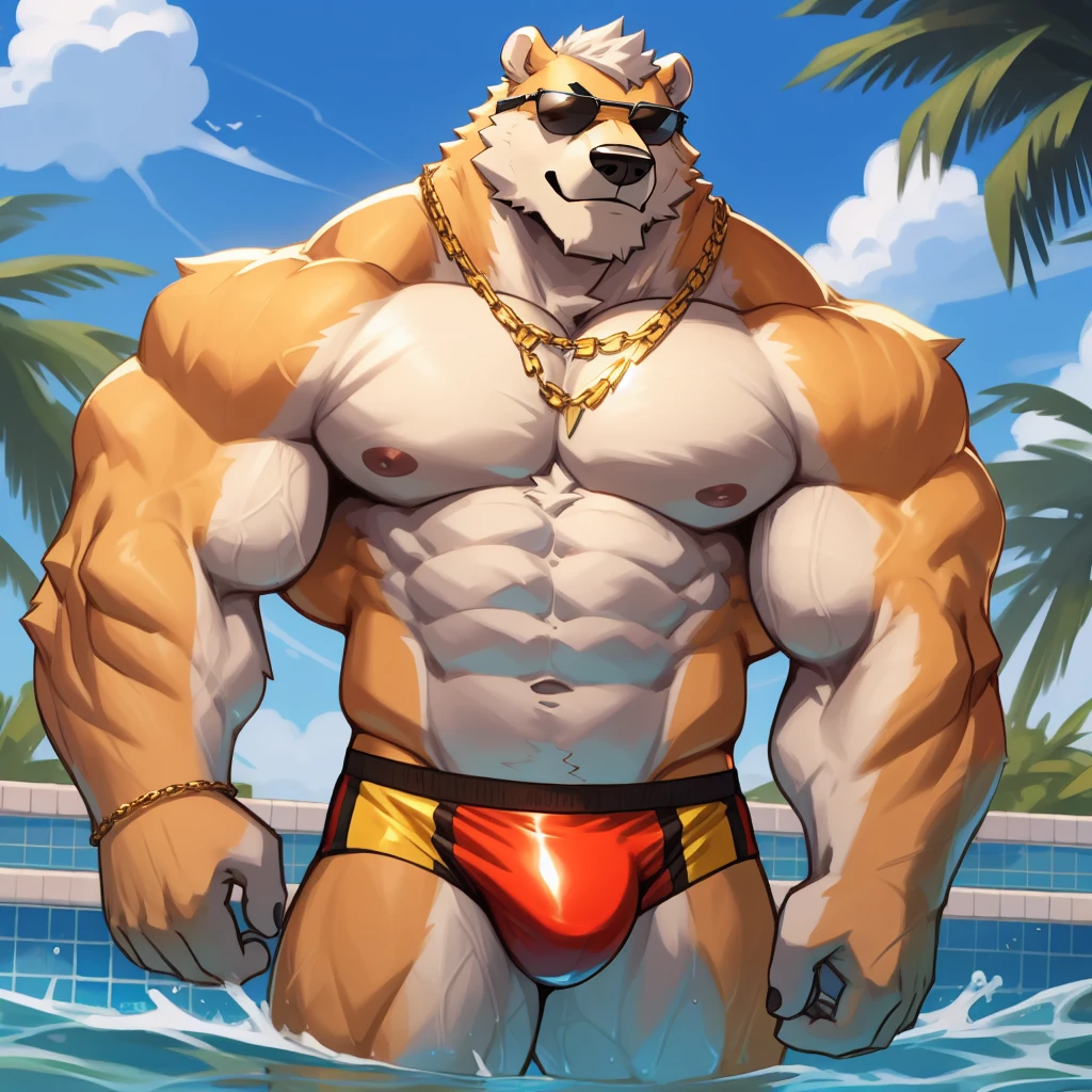 solo, 1boy, Huge Muscular White Polar Bear wearing sunglasses, gold chain necklace, huge white fur, pectoral, huge pectoral, wide pectoral, short white hair, blue speedo trunks and shirtless and topless, golden bearded, golden Mustache, white fur, shiny body, summer mansion background, masterpiece, high detailed, 8k, high resolution, at the pool, bounces huge pecs