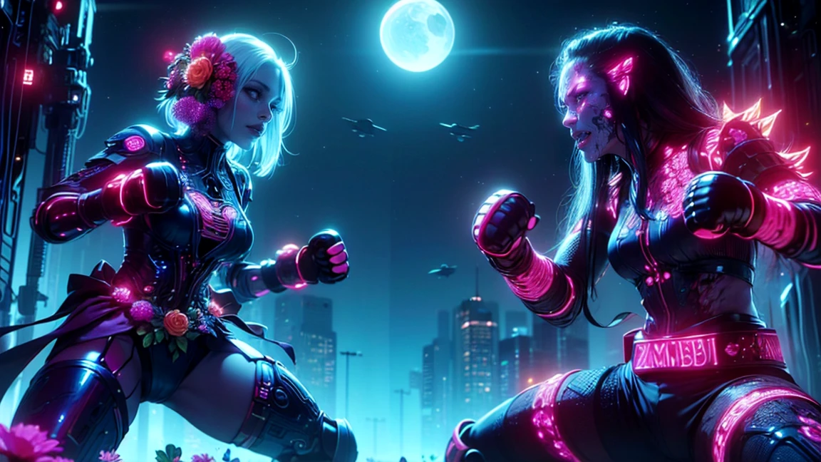 top quality, future world, State-of-the-art robot, (((two fighters in fighting stance, one is girl in flower head, the other one is zombie)))