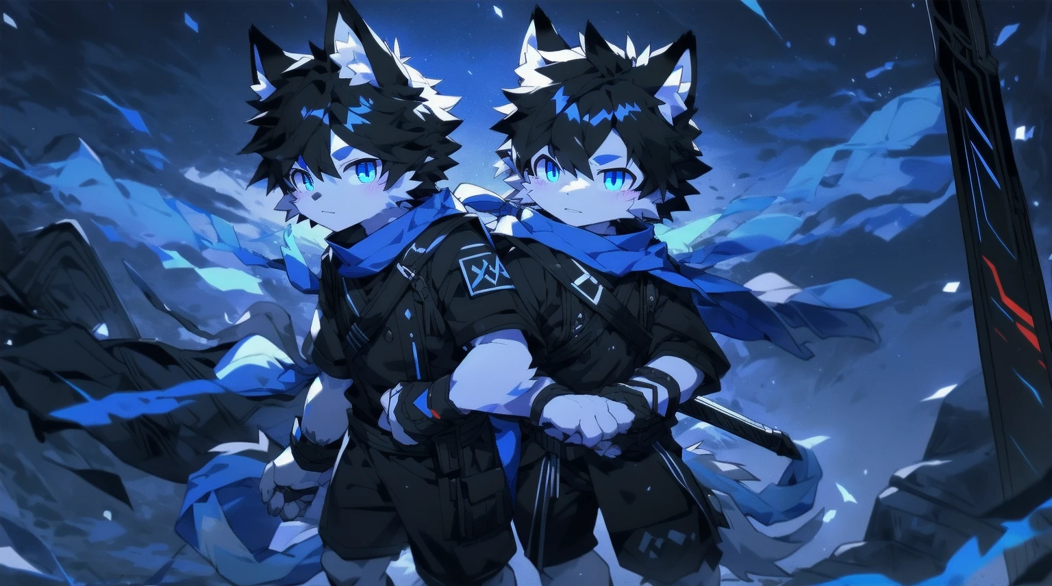 White Wolf,black hair,Sky blue eyes,hairy,Wolf ears,Wolf tail,Full body portrait,The character is in the center of the frame,Handsome,Confident eye***but,juvenile,Black and white combat uniform,Red neck bib,Black shorts,Short sleeve,hairy arms and legs,Dark background,Dark battlefield,dawn,sunrise,dawn,illumination,shadow,Swordsman,Scabbard and Hold the hilt of a in your hand,The scabbard is at the waist,Highest quality,A tall stature