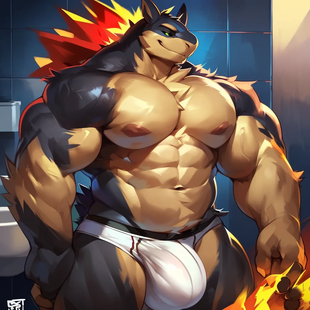 Solo, Anthro, male (((typhlosion, pokemon, green eyes, black sclera, muscular, huge muscular, broad shoulders, big pecs, abs, fire moehawk, fire mane, black body, black fur, tan body, tan abdomen, tan pecs, veiny muscles, muscular neck, arm tuft, facial tuft, white briefs, big bulge))) standing, smirking, bathroom, defined muscular, perfect anatomy, full body, by darkgem, by mystikfox61, by glitter trap boy