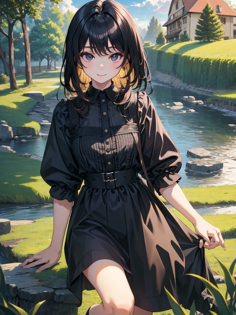 (child),(masterpiece,Highest Quality),Blouse with short sleeves,(Gingham Check Skirt),A dark-haired , Long wavy hair
