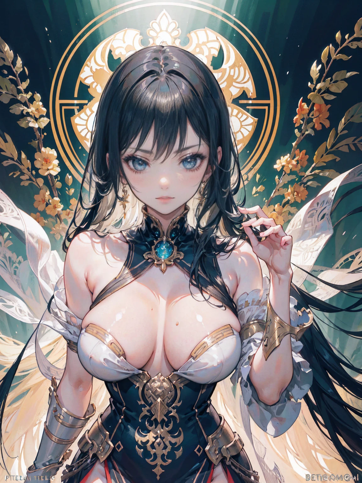 beautiful long black hair girl, detailed face, delicate facial features, beautiful detailed eyes, beautiful detailed lips, extremely detailed eyes and face, long eyelashes, elegant pose, intricate detailed dress, intricate jewelry, fantasy forest background, warm lighting, golden hour lighting, cinematic lighting, vibrant colors, highly detailed, 8k, photorealistic, hyper-realistic, studio lighting, masterpiece, art by artgerm and greg rutkowski and alphonse mucha