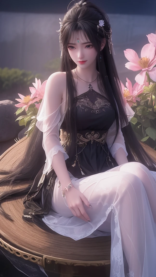 1girl, girl with long black hair, smiling, cheerful, girl is sitting among a wide expanse of flowers, surrounded by beautiful flowers, Calm and peaceful atmosphere, night, moonlight , Beautiful glowing butterflies surround the girl lighting up the darkness of the night, magic,Romantic, the night breeze blows the Sepoi Sepoi girl's hair, 