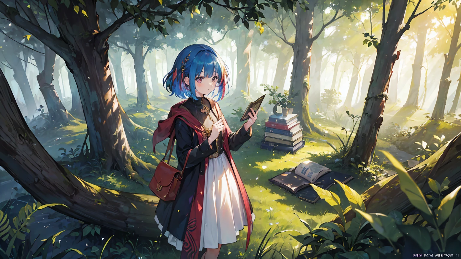 (masterpiece, best quality), (rich and colorful:1.4), from above, Solitary, 1A girl standing in an ancient forest，Where the trees whisper secrets，Animals speak human language, With a bag of magical forest fruits and a forgotten book of spells, Depth of Field, Fisheye lens
