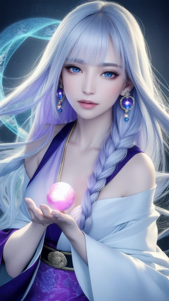 (masterpiece, top quality, 1 female, solo, exquisite details, chromatic aberration), (realistic), (skin), ((breathing)), (silver hair, blunt bangs, cropped straight long hair, short bangs, silver hair), beautiful hair, red headdress, highlights, hair on one eye, beautiful eyes, purple eyes, thick lips, earrings, piercing eyes, ((gold and white kimono)), ((symmetrical eyes)), ((perfectly symmetrical body)), ((perfectly symmetrical hands)), (purerosface_v1:0.3), full moon night, ((self, natural light))), bright lighting, flowers blooming in the background, in front of the viewer, ((central shot, from the front, (face and shoulders))), mysterious atmosphere, colorful flowers blooming around, light colored background, fortune teller in kimono, beautiful fortune teller, fortune teller, Fantasy female fortune teller, female fortune teller, fantasy photography, Japanese style, fortune teller in kimono, elegant cinematic fantasy art, fantasy woman, magician portrait, fortune teller, powerful wizard surrounded by mystical colorful flowers, holding a glowing heart crystal ball, eyes glowing with mystical energy, spells leaking from her mouth, vivid swirls of sorcery pulsating with iridescent hues appear in the air, magic permeates, flowers bloom, sacred creatures gaze in awe, threads of magical energy dance, reveal hidden realms, unravel secrets, capture the essence of this enchanting moment and bring to life the mysterious power of sorcery on a canvas of the highest quality and finest detail. Top Quality, Masterpiece, Ultra High Resolution, (Photorealistic: 1.4), RAW Photo, Sharp Focus, High Resolution, Detailed Skin.