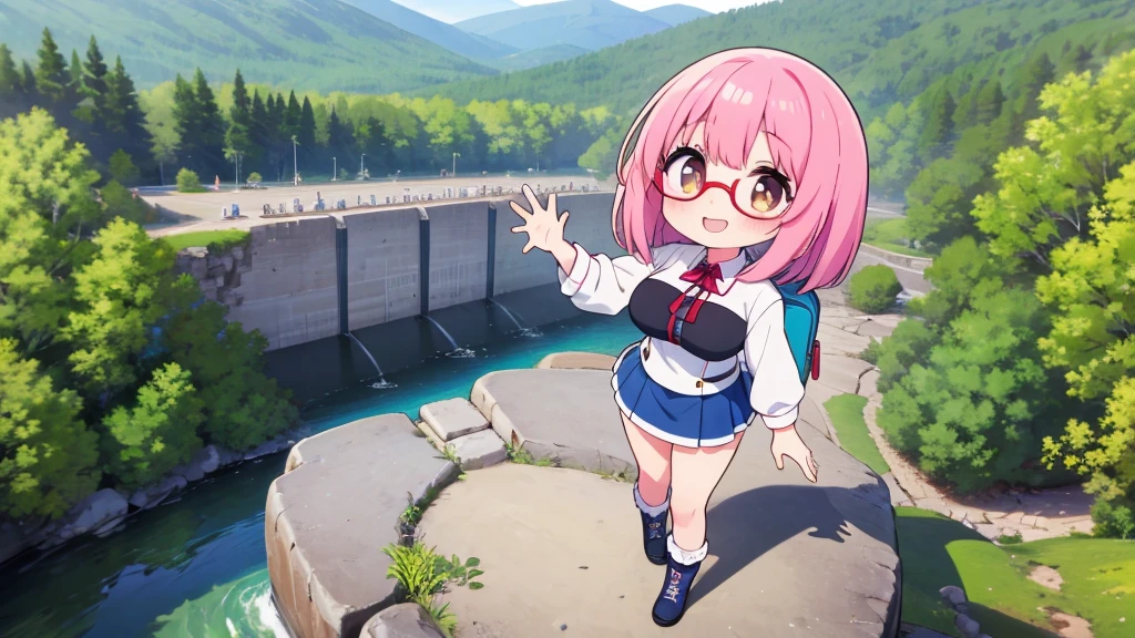 1girl,mountain climbing pattern ,Mountain,dam ,pastel pink hair,brown eye,bob hair,standing, beckoning, full body,red frame eyewear,big breasts,smile