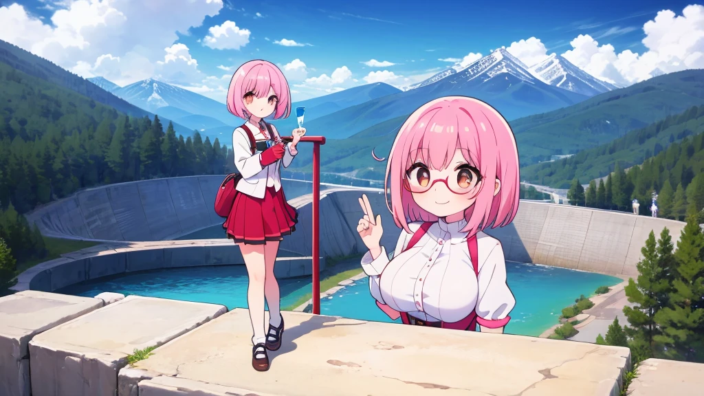 1girl,mountain climbing pattern ,Mountain,dam ,pastel pink hair,brown eye,bob hair,standing, beckoning, full body,red frame eyewear,big breasts,smile