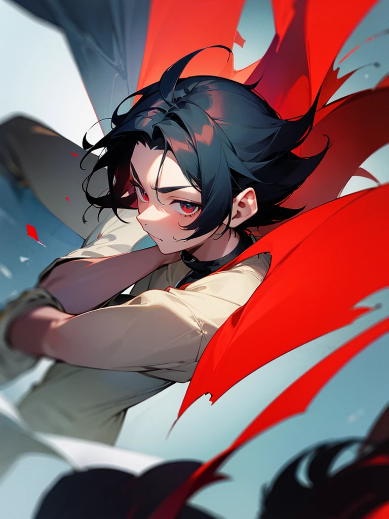 Chinese warrior, red eyes, short black hair, male, black clothes