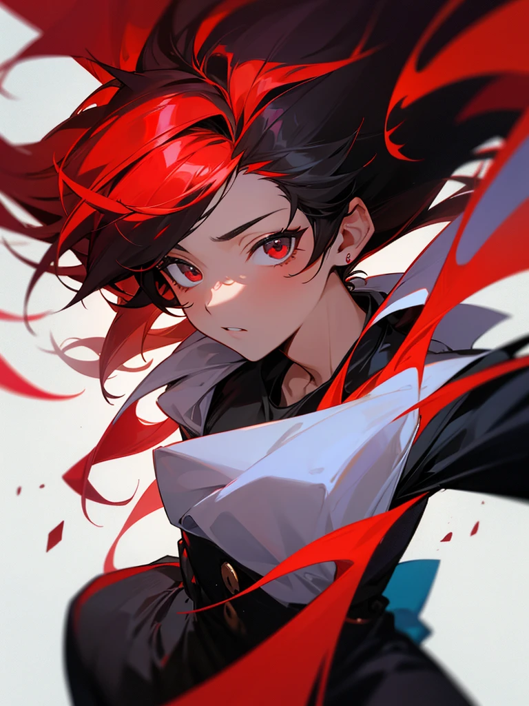 A boy, a part of the hair is black and red