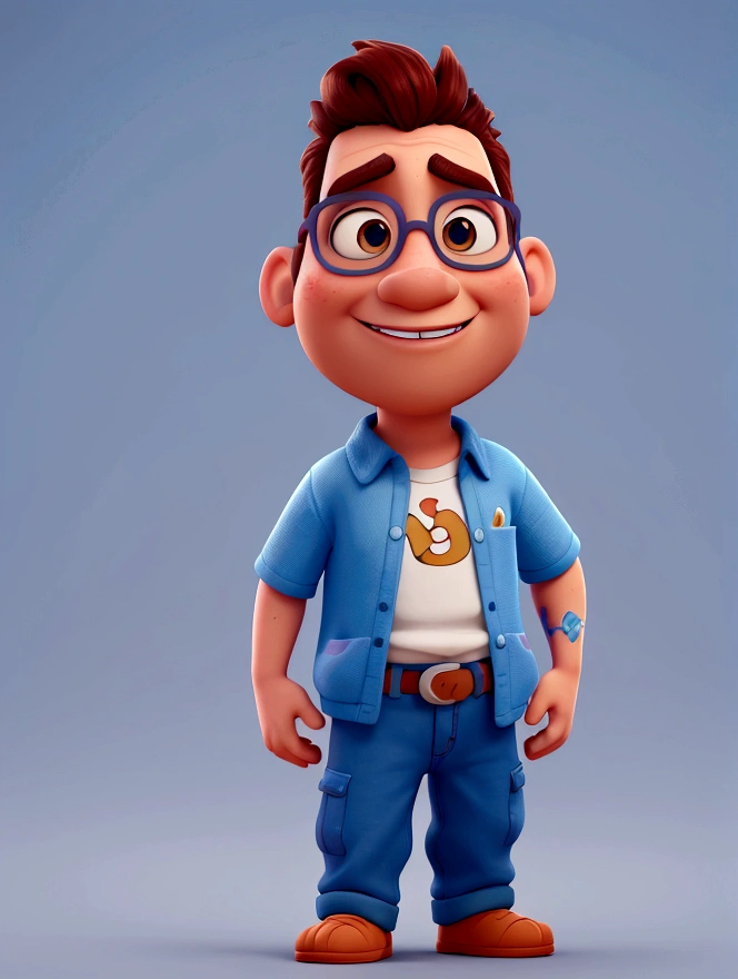 cartoon character de um homem de óculos escuros e camisa azul, animation character, stylized character, animation style rendering, 3d stylized, Arnold Maya rendering, Stylized 3D rendering, toon render screenshot, 3d character, 3d character, Stylized 3D rendering, 3D character rendering, cartoon character, Personagem de close up, character posing,  (Pixar-style) (master part:1.2) (bokeh) (best quality) (skin detailed) (detailed texture) (8K) (Argilla) (cinematic lighting) (sharp focus
