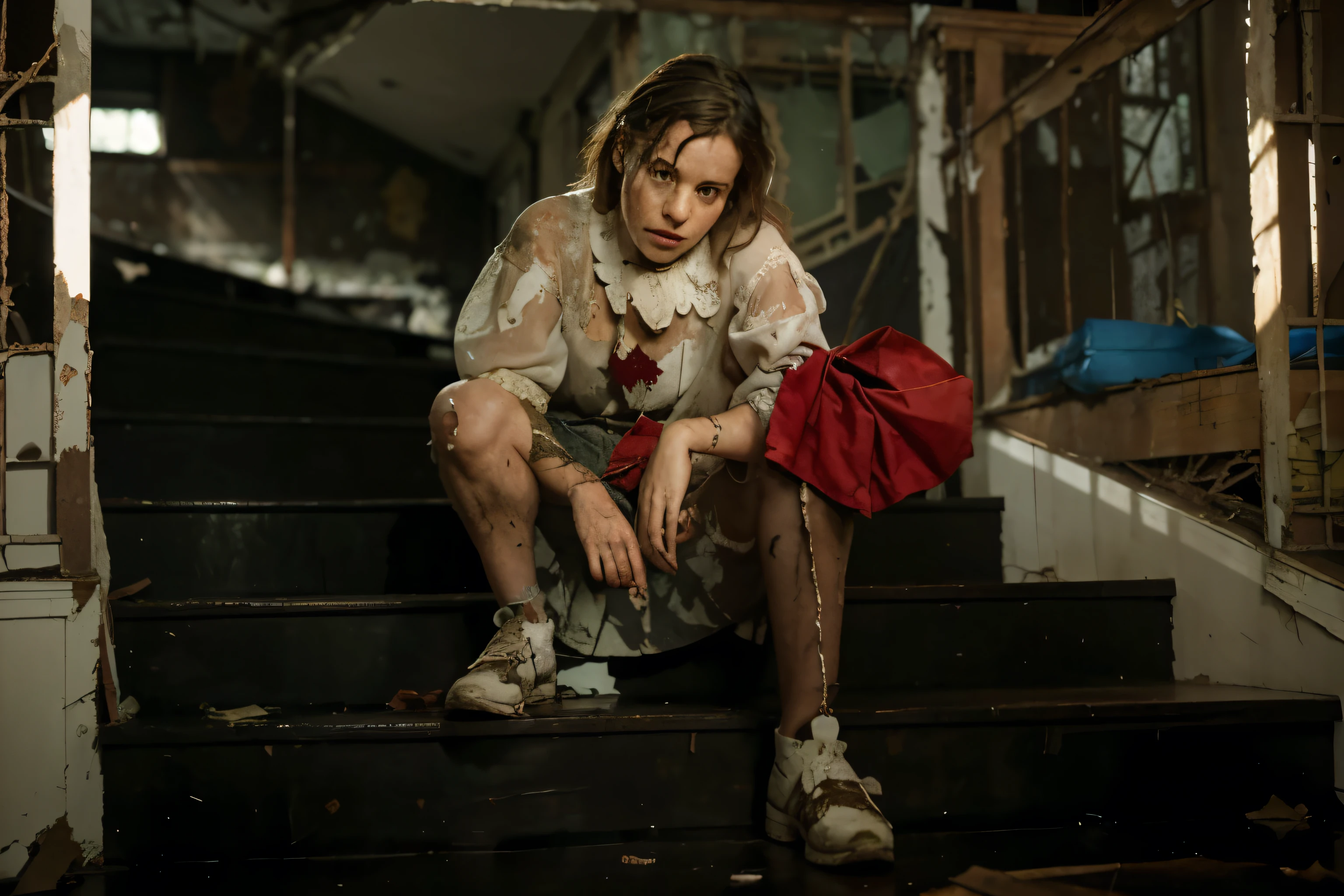 (Best quality, 8k, 32k, Masterpiece, UHD:1.2), "Transform the scene into the eerie and dilapidated setting of the house on 29 Neibolt Street from the movie 'IT.' Picture an old, abandoned Victorian-style house with a dark, sinister atmosphere. The exterior is covered in weathered, peeling paint and overgrown with ivy and weeds, giving it a haunted appearance. Broken windows and sagging porch beams add to the house's decrepit look.
The front yard is littered with debris, overgrown grass, and scattered leaves, creating a neglected and foreboding environment. A rusty, creaky gate swings open slowly, leading to the cracked and uneven pathway that winds towards the ominous front door. The door itself is slightly ajar, revealing a glimpse of darkness within.
Inside, the house is even more unsettling. The walls are covered in faded, peeling wallpaper, and the floors creak with every step. Dust and cobwebs cover every surface, and broken furniture is scattered throughout the rooms. The air is thick with a sense of dread and decay.
In the living room, an old, tattered couch sits beneath a broken window, casting eerie shadows on the floor. A staircase leads to the upper floors, each step echoing ominously in the empty house. The basement door stands slightly open, hinting at the horrors that lie below.
The overall ambiance is one of fear and abandonment, capturing the terrifying essence of the house on 29 Neibolt Street from 'IT.' The setting should evoke a sense of unease and suspense, as if something sinister is lurking just out of sight." ((stairs)) ((at the stairs))