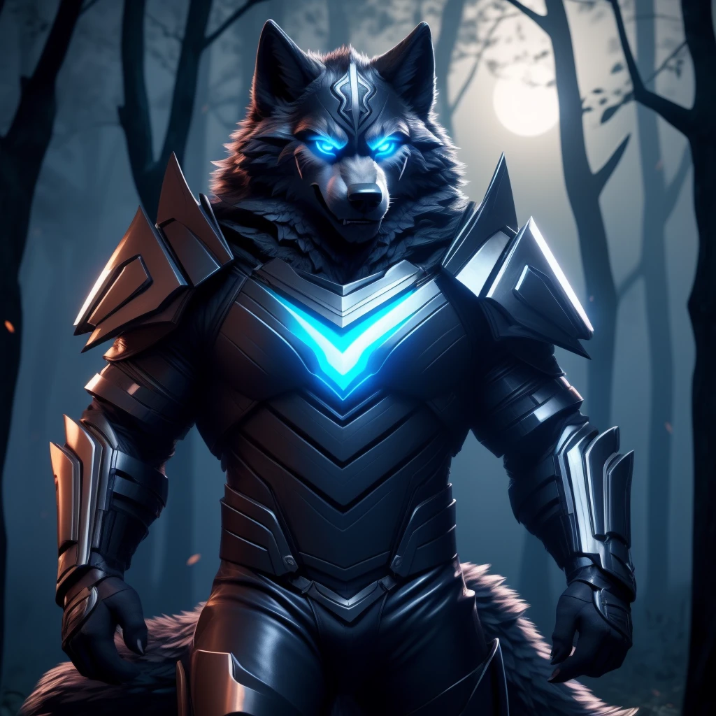Posing, Male, 30 years old, biting lip smile, suit of gothic armour, bedroom eyes, anthro, wolf ears, (blakck fur:1.5), wolf, forest background at night, 8k, hi res, (best quality, masterpiece), blue glowing eyes, (wolf tail:1.5), detailed fur
