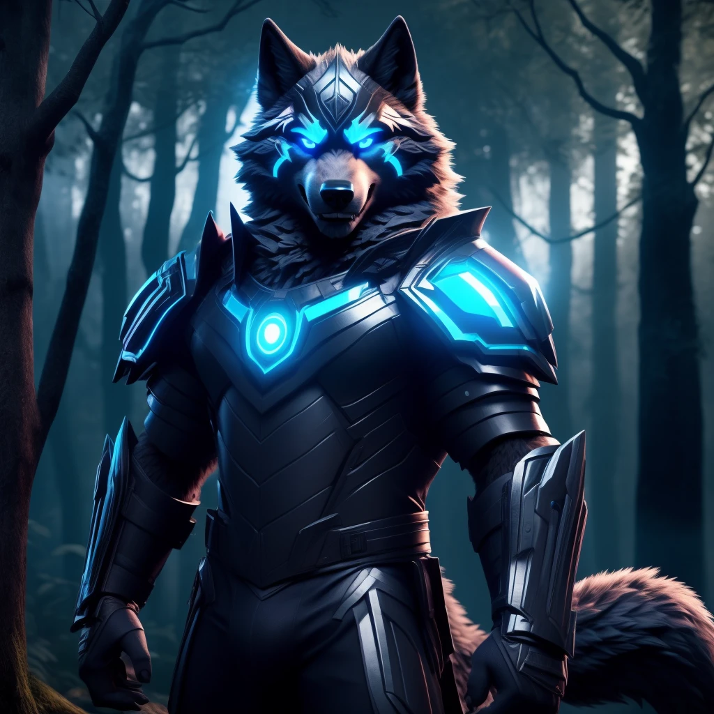 Posing, Male, 30 years old, biting lip smile, suit of gothic armour, bedroom eyes, anthro, wolf ears, (blakck fur:1.5), wolf, forest background at night, 8k, hi res, (best quality, masterpiece), blue glowing eyes, (wolf tail:1.5), detailed fur