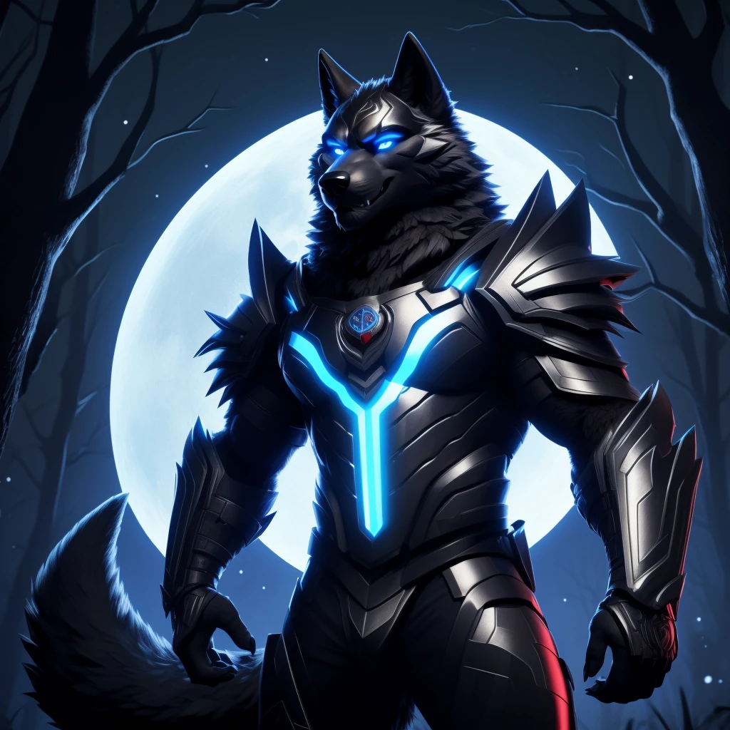 Werewolf with bright blue eyes, white skin, sparkle in the eyes, in the forest, moon in the background, Female, large breasts, no mistakes, well detailed, extremely well done, full body, attack pose, hunting