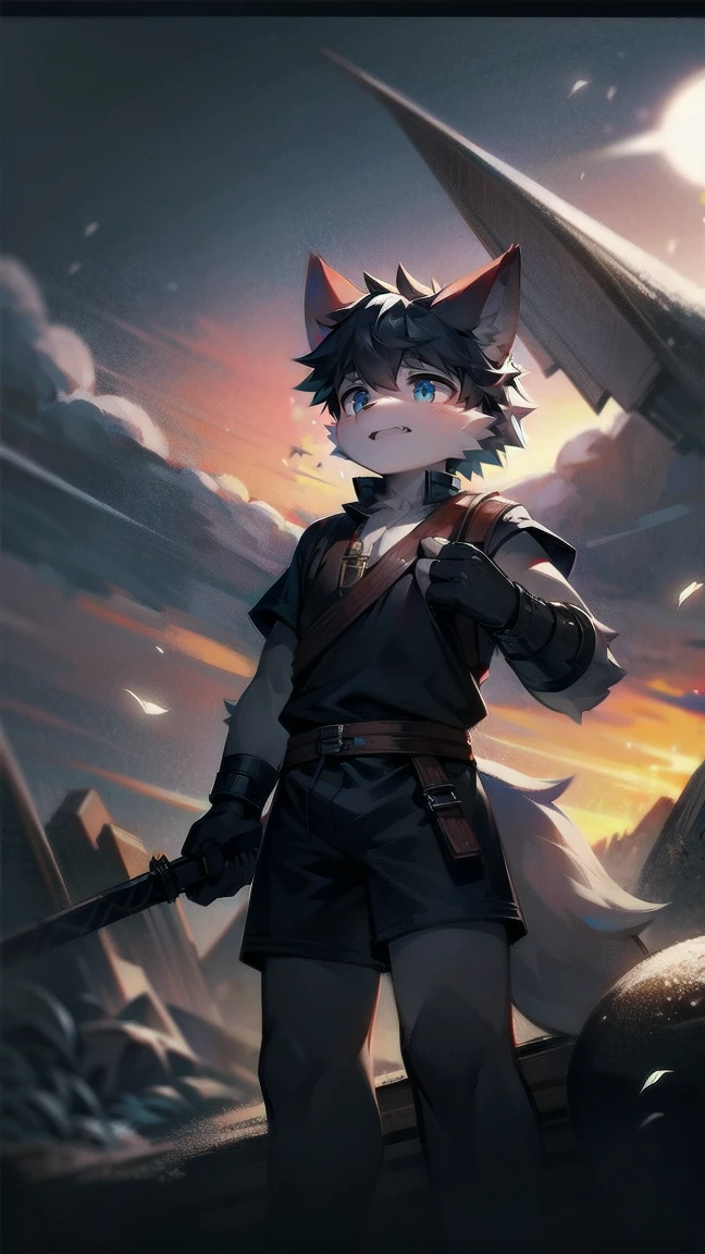 White Wolf，black hair，Sky blue eyes，hairy，Wolf ears，Wolf tail，Full body portrait，The character is in the center of the frame，Handsome，Confident eye***but，juvenile，Black and white combat uniform，Red neck bib，Black shorts，Short sleeve，hairy arms and legs，Dark background，Dark battlefield，dawn，sunrise，dawn，illumination，shadow，Swordsman，Scabbard and Hold the hilt of a in your hand，The scabbard is at the waist，Highest quality,A tall stature