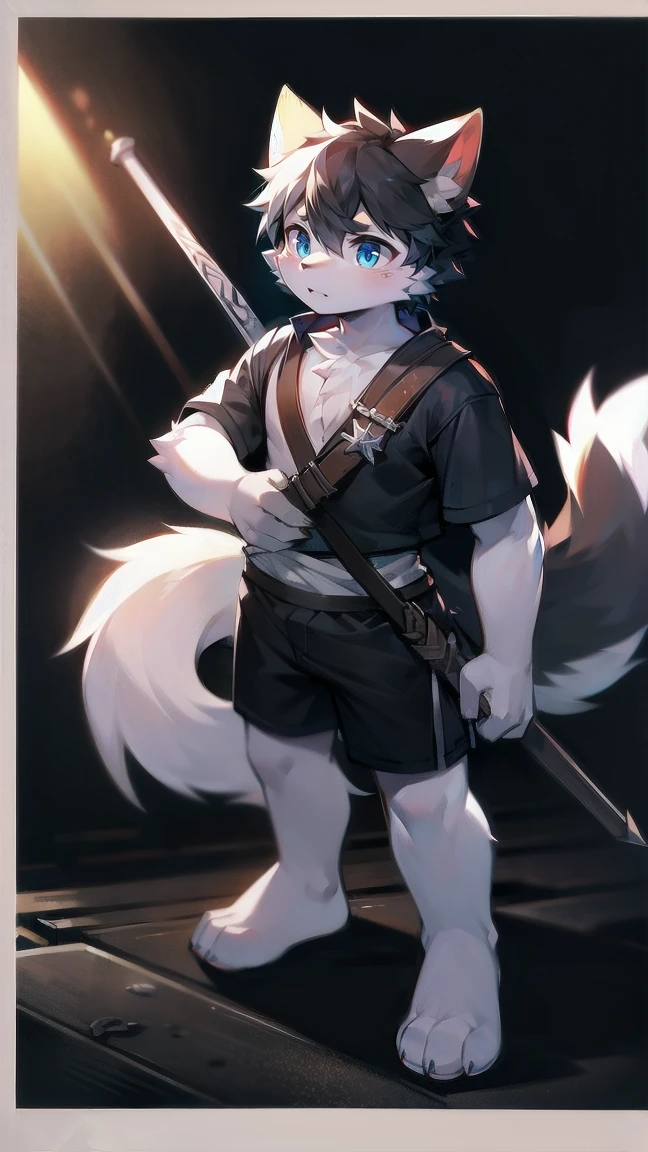 White Wolf，black hair，Sky blue eyes，hairy，Wolf ears，Wolf tail，Full body portrait，The character is in the center of the frame，Handsome，Confident eye***but，juvenile，Black and white combat uniform，Red neck bib，Black shorts，Short sleeve，hairy arms and legs，Dark background，Dark battlefield，dawn，sunrise，dawn，illumination，shadow，Swordsman，Scabbard and Hold the hilt of a in your hand，The scabbard is at the waist，Highest quality,A tall stature