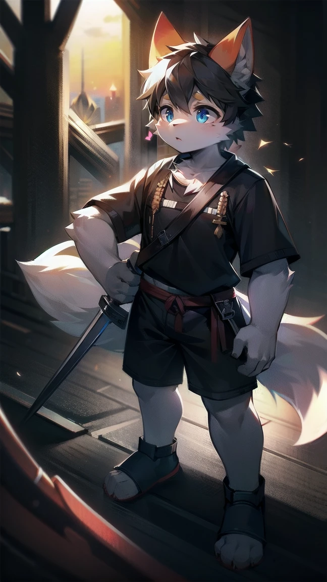 White Wolf,black hair,Sky blue eyes,hairy,Wolf ears,Wolf tail,Full body portrait,The character is in the center of the frame,Handsome,Confident eye***but,juvenile,Black and white combat uniform,Red neck bib,Black shorts,Short sleeve,hairy arms and legs,Dark background,Dark battlefield,dawn,sunrise,dawn,illumination,shadow,Swordsman,Scabbard and Hold the hilt of a in your hand,The scabbard is at the waist,Highest quality,A tall stature