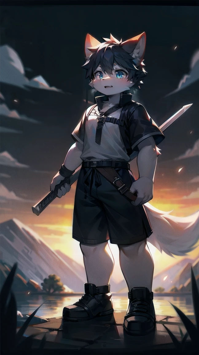 White Wolf,black hair,Sky blue eyes,hairy,Wolf ears,Wolf tail,Full body portrait,The character is in the center of the frame,Handsome,Confident eye***but,juvenile,Black and white combat uniform,Red neck bib,Black shorts,Short sleeve,hairy arms and legs,Dark background,Dark battlefield,dawn,sunrise,dawn,illumination,shadow,Swordsman,Scabbard and Hold the hilt of a in your hand,The scabbard is at the waist,Highest quality,A tall stature