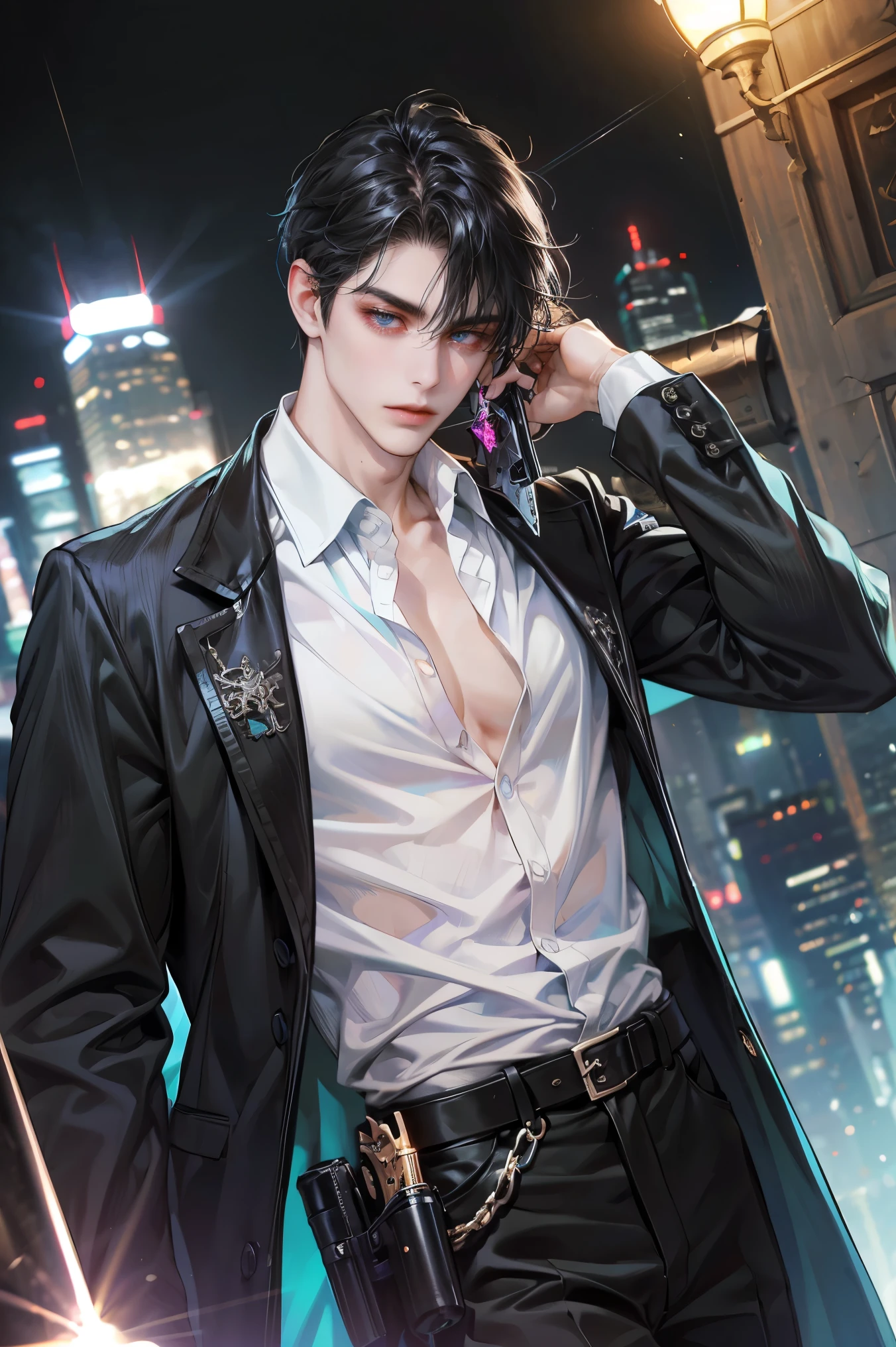 (absurdres, highres, ultra detailed, original character, HDR), 1 boy, solo, adult, handsome, ((tall muscular guy, broad shoulders)), finely detailed eyes, (black hair), hair between eyes, turquoise eyes, holographic, futuristic, casual outfit, black coat, gun holster, (body tight white shirt), big pecs, ((wearing a black earring)), cowboy shot, dutch angle, face focused, tower walled city scenery, dystopian hong kong city, skyscrapers, Cyan, Magenta, long face, closed mouth, looking at viewer, depth of field, bokeh